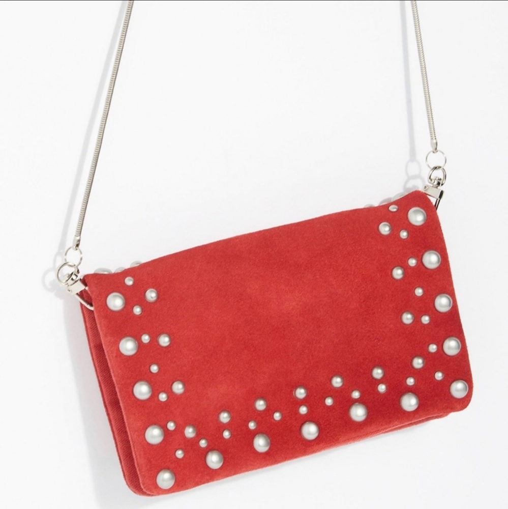 Free People Kingston Ruby Red Suede Silver Studs & Chain Strap Crossbody Bag NWT - Picture 1 of 8